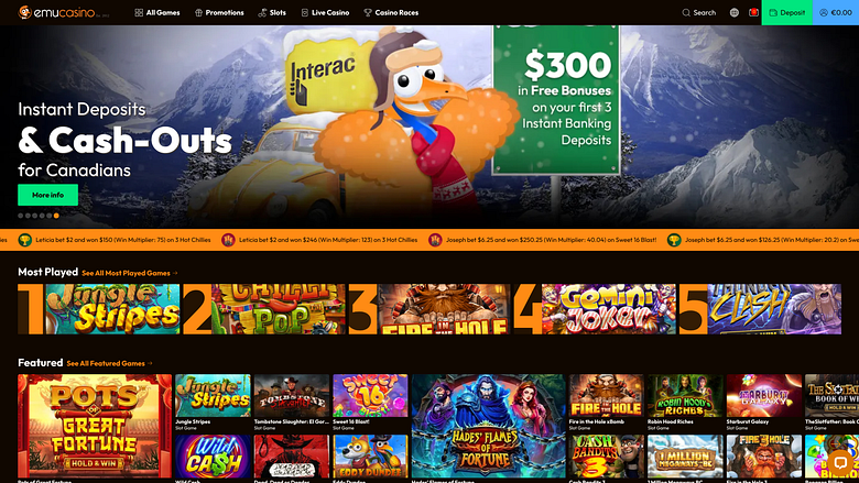 Emu Casino Desktop Homepage